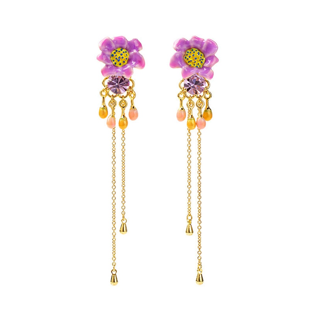 Purple Flower Orange Pink Bead Enamel Tassel Dangle Earrings