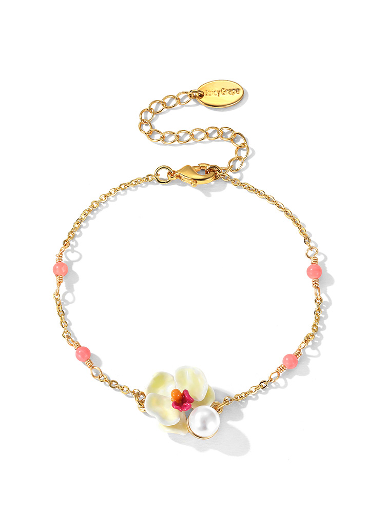 Butterfly Orchid Blossom Flower Pearl Enamel Thin Bracelet