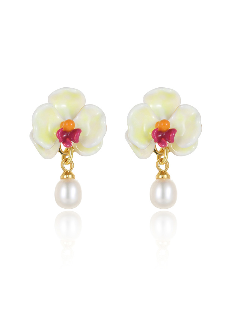 Yellow Orange Red Butterfly Orchid Flower Pearl Enamel Stud Earrings