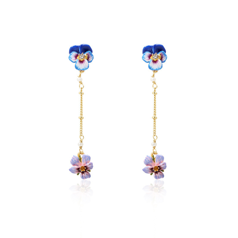 Pansy Blue Pink Purple Flower And Crystal Tassel Enamel Earrings