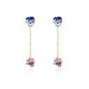 Pansy Blue Pink Purple Flower And Crystal Tassel Enamel Earrings