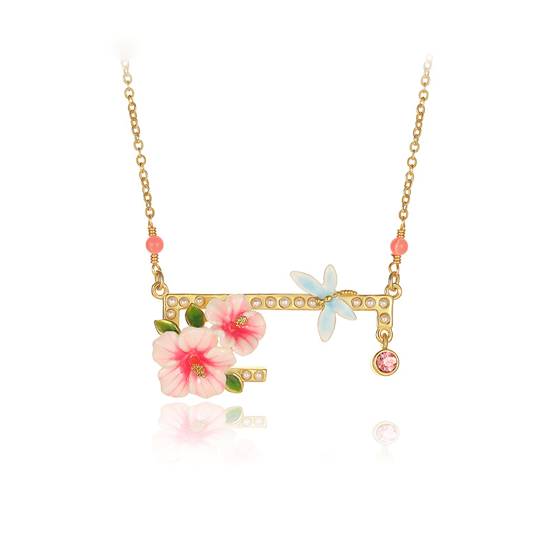 Pink Flower And Dragonfly Crystal Enamel Pendant Necklace