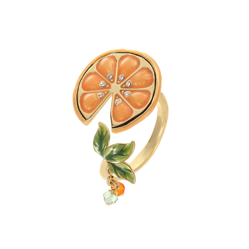 Orange Lemon Slice With Zircon And Leaf Enamel Adjustable Ring