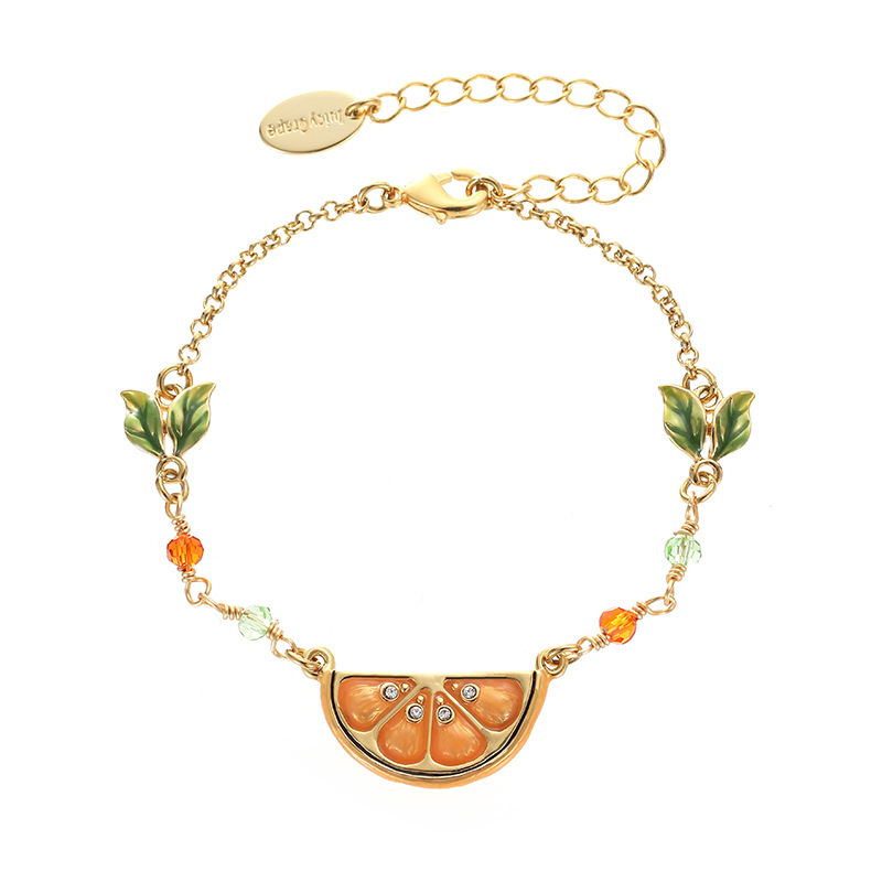 Orange Lemon Slice With Zircon And Leaf Enamel Charm Bracelet