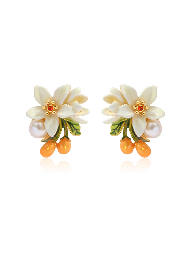 Orange Blossom Flower Kumquat Pearl Enamel Stud Earrings Jewelry Gift