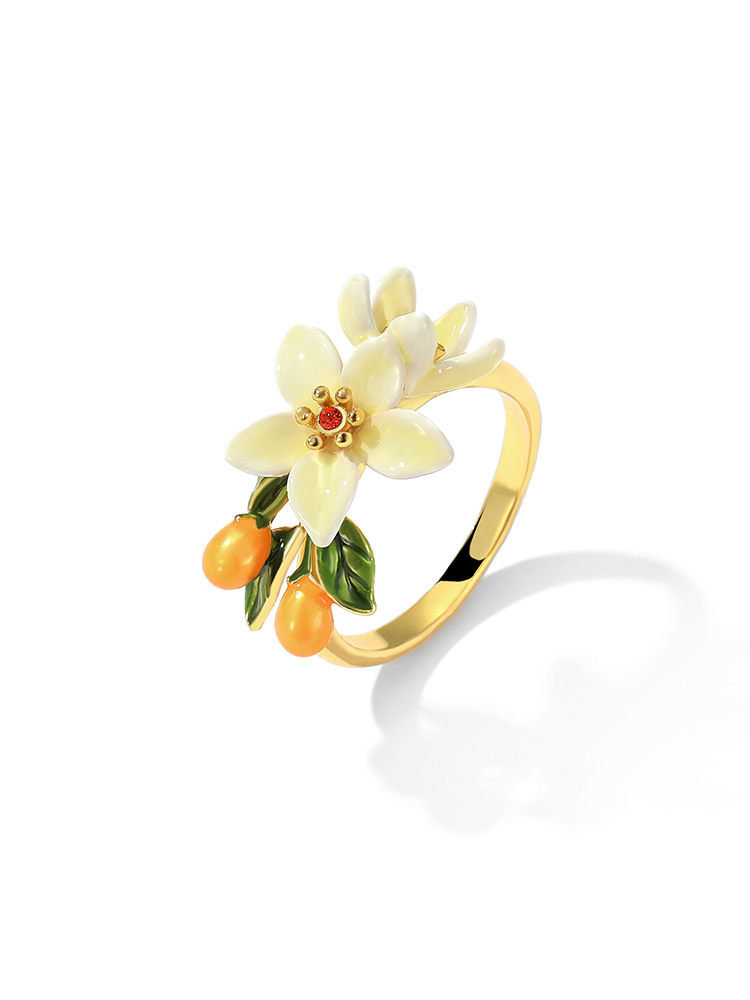 Orange Blossom Flower Kumquat Enamel Adjustable Ring Jewelry Gift