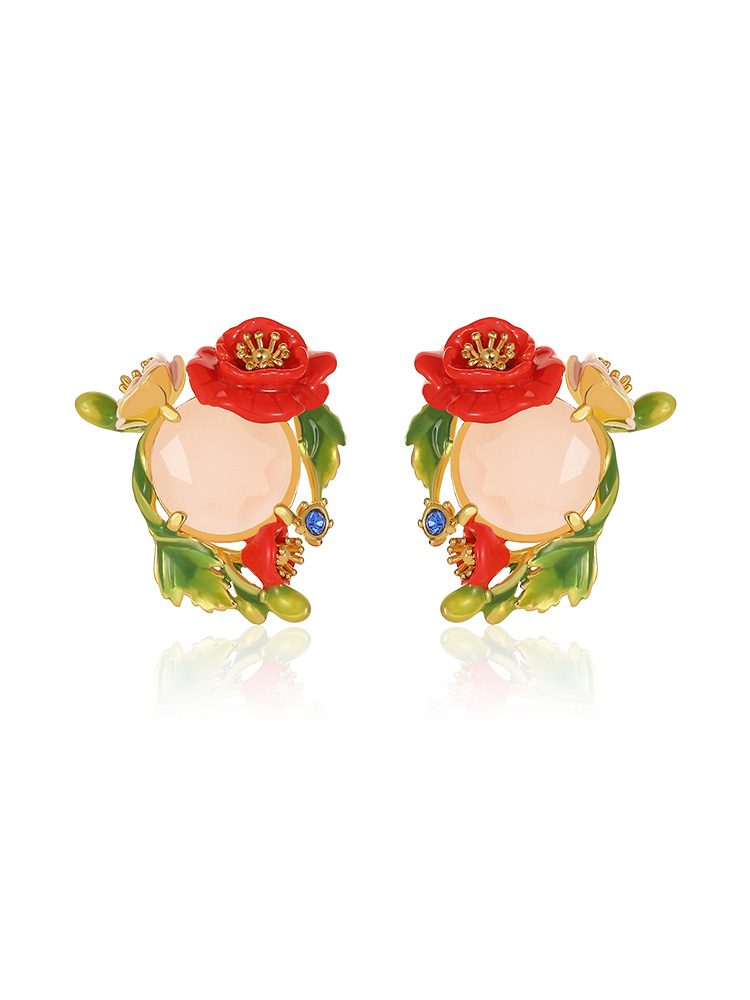 Pink Red Flower And Stone Crystal Enamel Stud Earrings