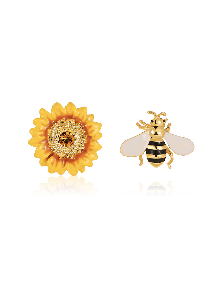 Yellow Sunflower And Bee Enamel Asymmetrical Stud Earrings Jewelry Gift