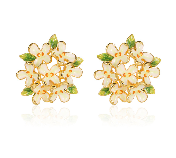 Flower And Green Leaf Enamel Stud Earrings