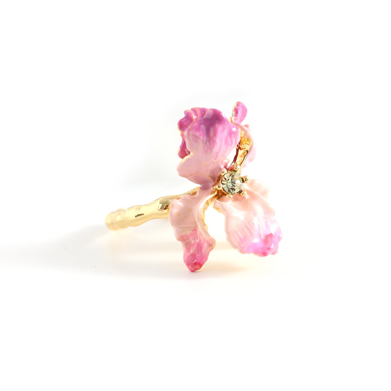 Pink Flower de Luce Irises And Stone Enamel Adjustable Ring