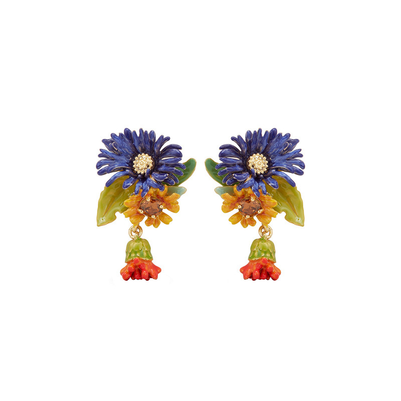 Blue Orange Flower With Crystal Enamel Dangle Earrings