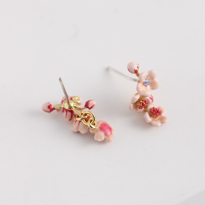 Cherry Blossom Flower Enamel Dangle Earrings