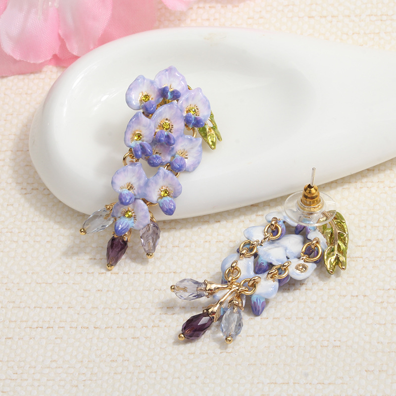 Purple Flower Blosssom Wisteria And Crystal Enamel Dangle Earrings