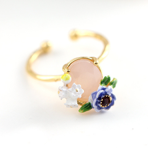 Blue Sea Anemone White Flower And Stone Enamel Adjustable Ring