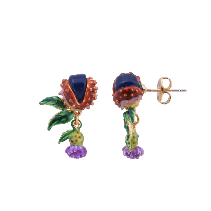 Purple Flower Green Leaf And Stone Enamel Earrings