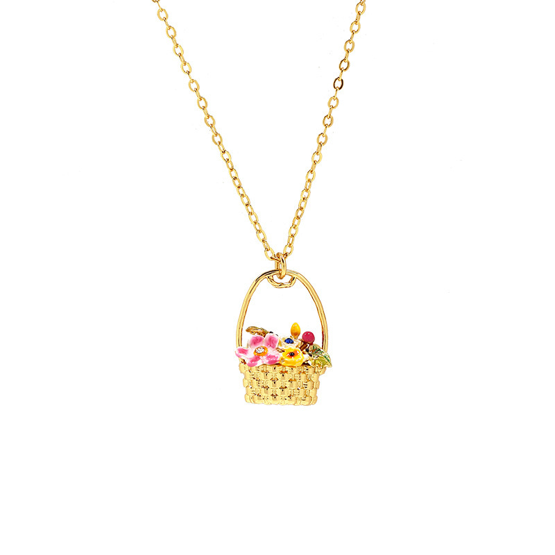 Flower Basket Enamel Pendant Necklace