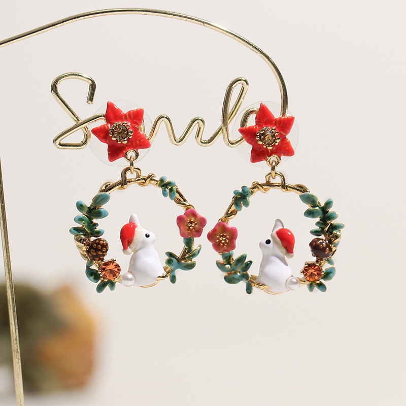 Cute Bunny Rabbit And Flower Dangle Earrings