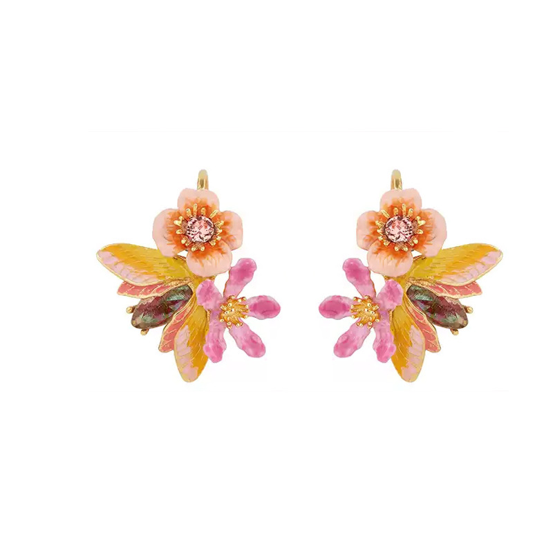 Flower And Crystal Enamel Stud Earrings