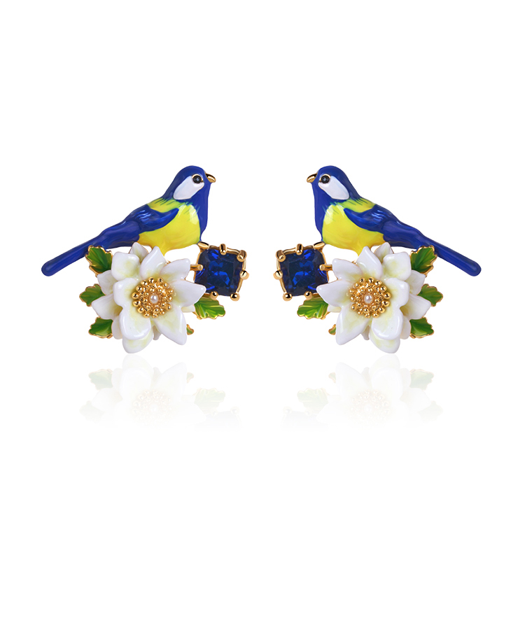 Bird And Flower Enamel Stud Earrings Handmade Jewelry Gift