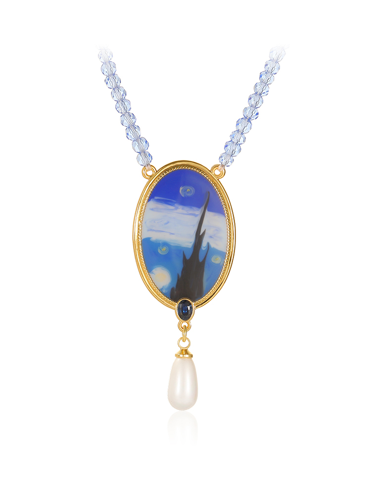 Starry Night Enamel Drop Pearl Pendant Crystal Bead Strand Necklace