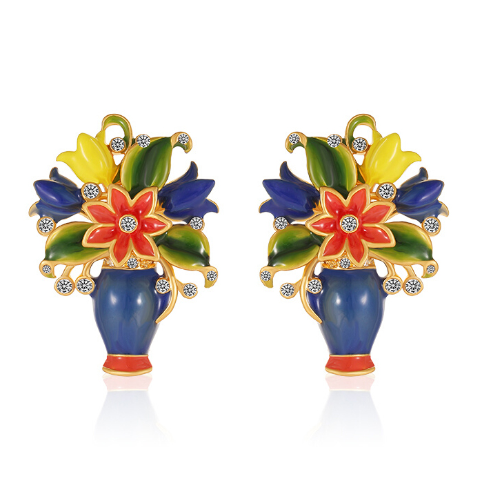 Flower Blossom Vase Enamel Stud Earrings Handmade Jewelry Gift