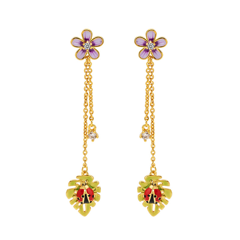 Daisy Flower And Ladybug Tassel Enamel Earrings