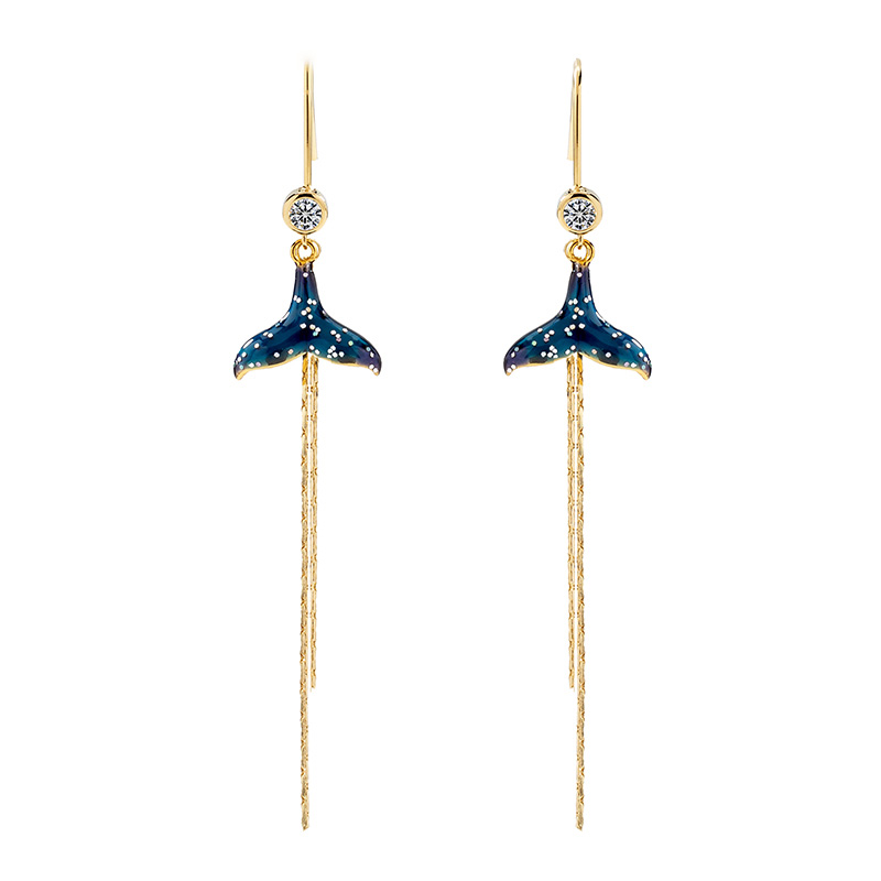 Mermaid Fish Tail Long Tassel  Enamel Hook Earrings