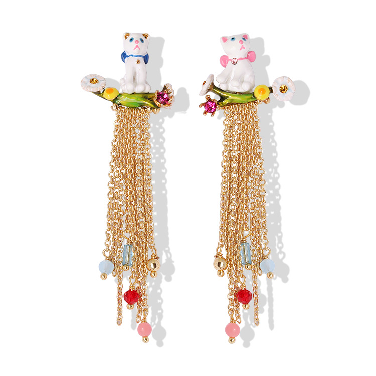 Cat Kitten Kitty And Flower Tassel Asymmetrical Enamel Earrings