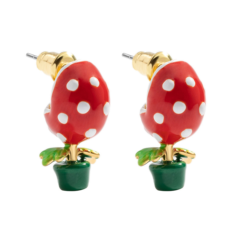 Red Flower And Green Pot Enamel Stud Earring