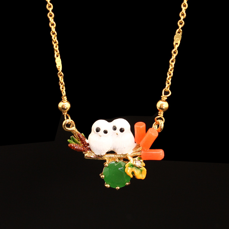 Enamel Snow Owl Baby Crystal Owl Necklace /Clavicle Chain