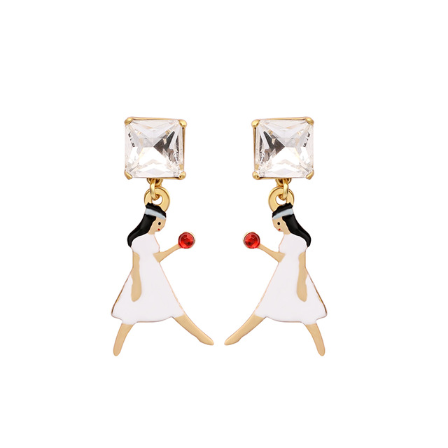 Fairy Tale Series Snow Princess Zircon Enamel Stud Clip Earrings