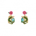 Green Crocodile And Flower Enamel Earrings