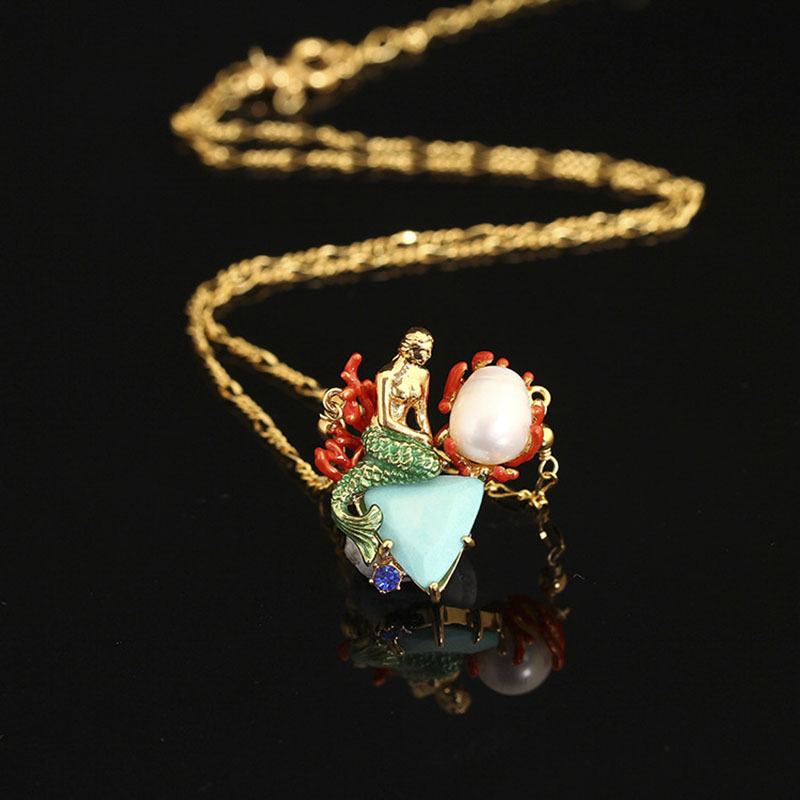 Mermaid Pendant Pearl Enamel Necklace