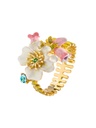 White Pink Flower And Crystal Enamel Adjustable Ring