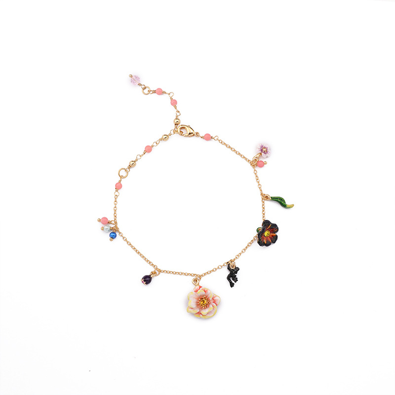 Hand Painted Enamel Glazed Flower Pendant Tassel Bracelet 18K Gold Plated Copper