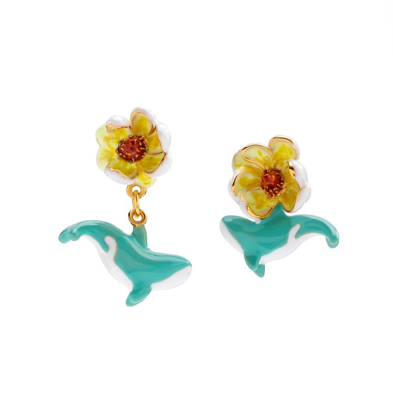 Killer Whale Flower Asymmetrical Enamel Earrings