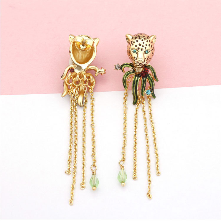 Panther Leopard Head Long Tassel Enamel Earrings