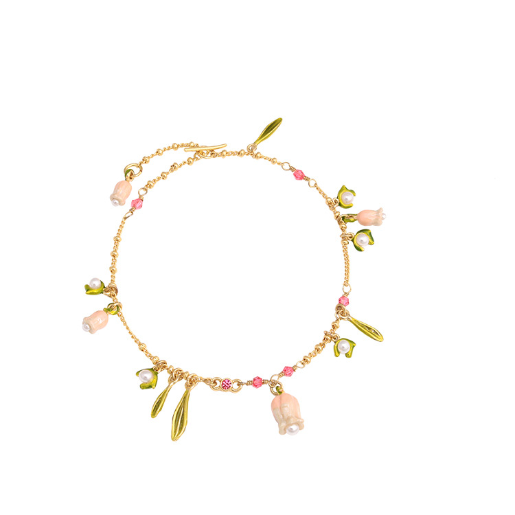 Orchid Flower Leaf Enamel Thin Bracelet