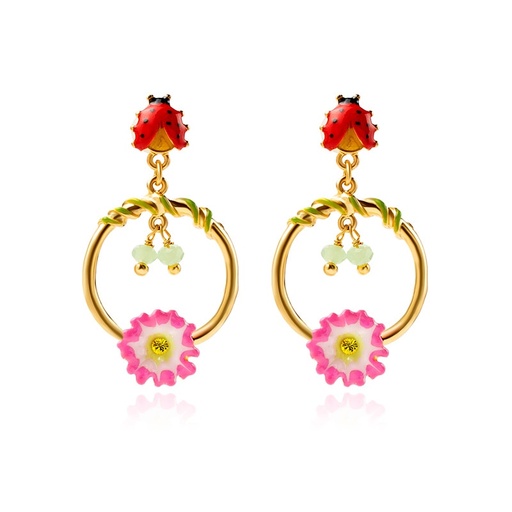 Daisy Flower Circle Ladybug Enamel Stud Clip Earrings