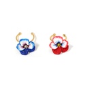 Pansy Blue Red Flower And Crystal Enamel Adjustable Ring