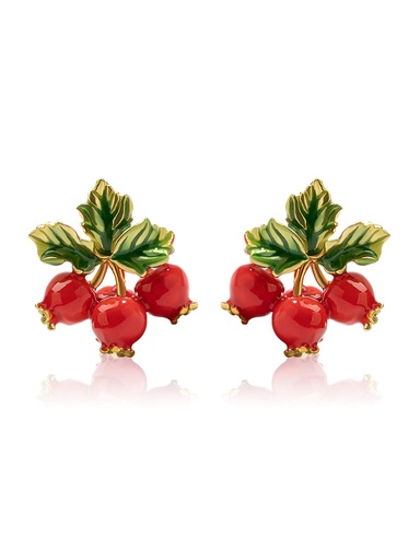 Red Fruit Hawthorn And Green Leaf Enamel Stud Earrings Jewelry Gift