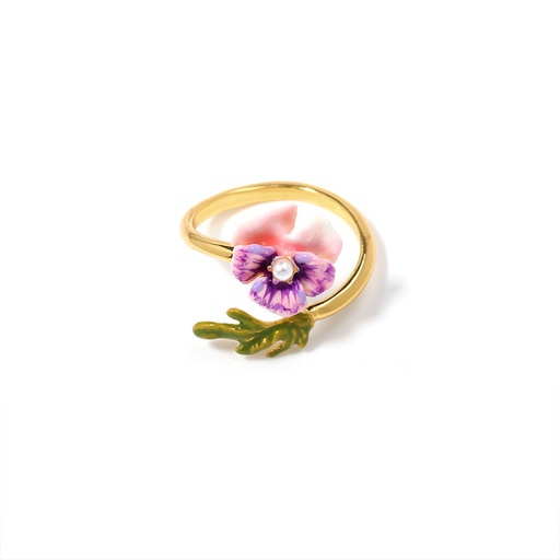 Pansy Pink Purple Flower And Leaf Enamel Adjustable Ring