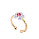 White Blue Flower And Pink Crystal Enamel Adjustable Ring