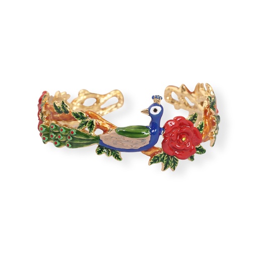 Peacock And Red Rose Flower Enamel Bangle Bracelet