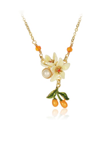 Orange Blossom Flower Kumquat Pearl Enamel Pendant Necklace