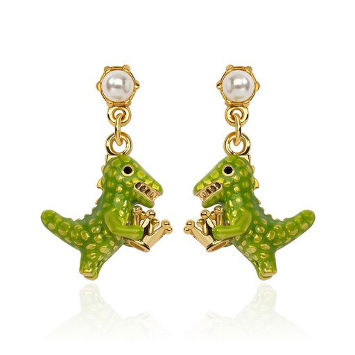 Dinosaur Green Cute Animal With Crown And Pearl Enamel Dangle Earrings