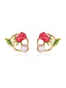 Red Rose Flower And Green Leaf Pearl Enamel Stud Earrings Jewelry Gift