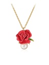 Red Rose Flower And Pearl Enamel Pendant Collar Necklace Jewelry Gift