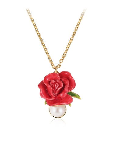 Red Rose Flower And Pearl Enamel Pendant Collar Necklace Jewelry Gift