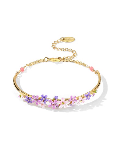 Purple Pink Flower And Crystal Enamel Bangle Bracelet Jewelry Gift